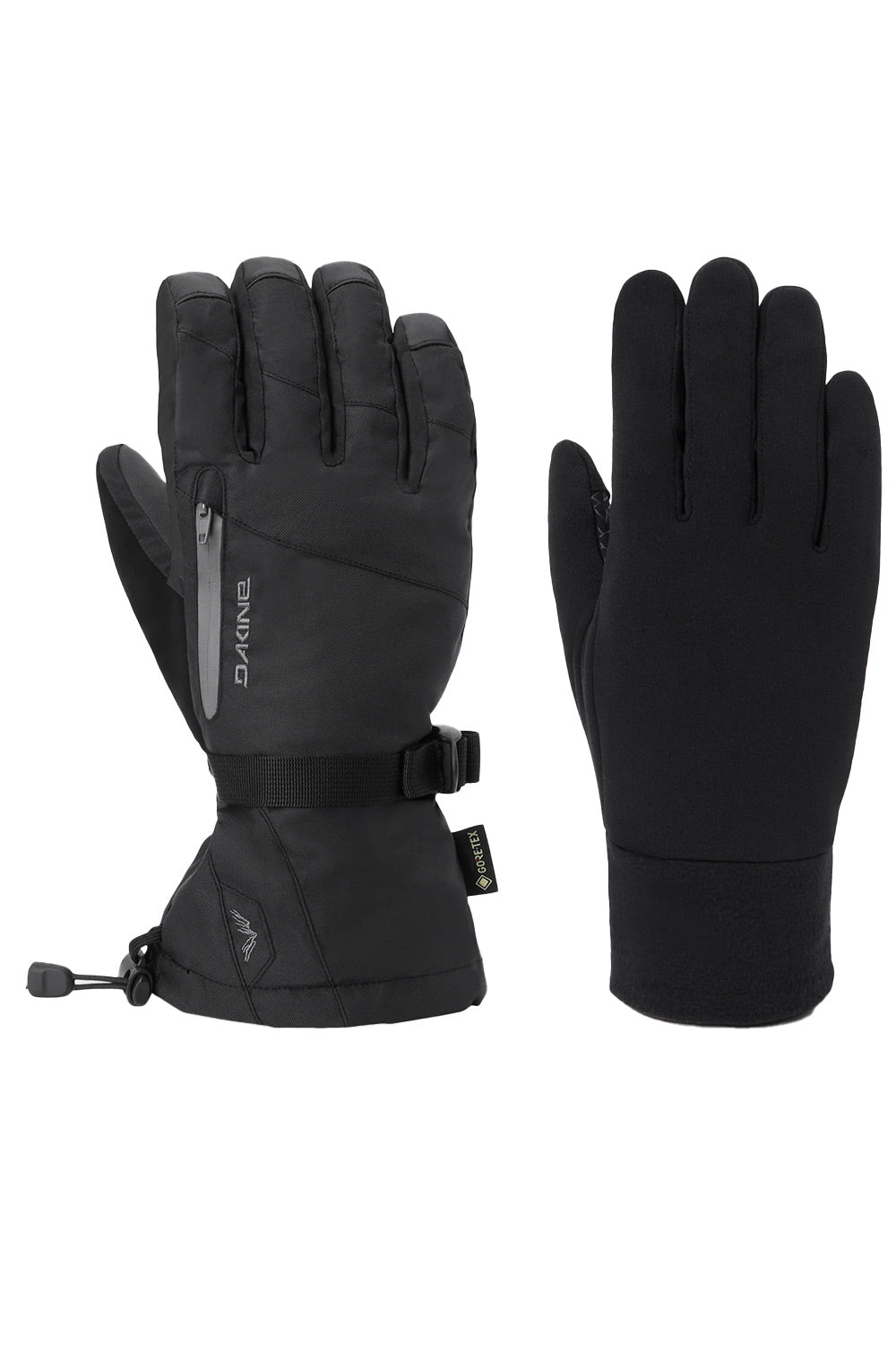 A pair of black ski gloves shown against a plain white background, displaying both the back of one glove with a wrist strap and zipper, and the palm side of the other glove.