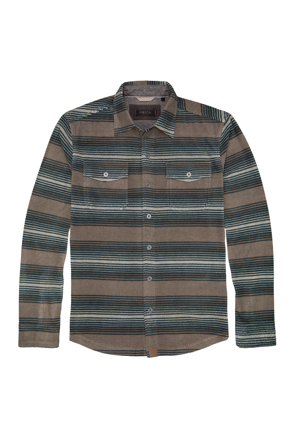 A long-sleeve button-up shirt with horizontal stripes in brown, green, and gray, featuring two buttoned chest pockets, shown against a plain white background.