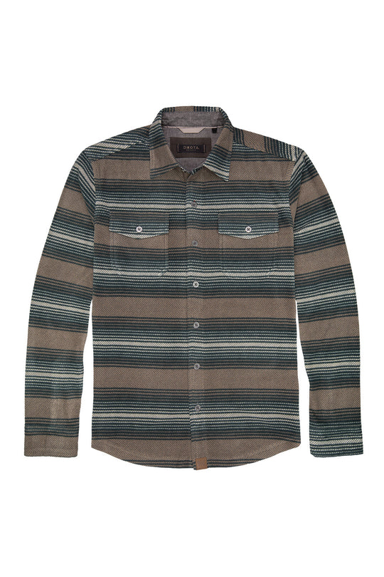 A long-sleeve button-up shirt with horizontal stripes in brown, green, and gray, featuring two buttoned chest pockets, shown against a plain white background.