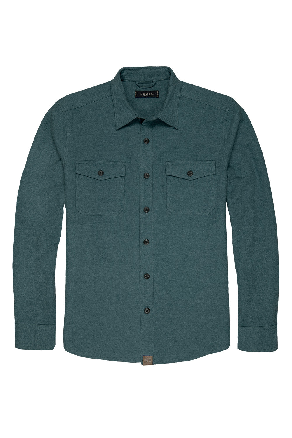 A dark teal-green long-sleeve button-up shirt with two chest flap pockets, displayed flat against a solid white background.