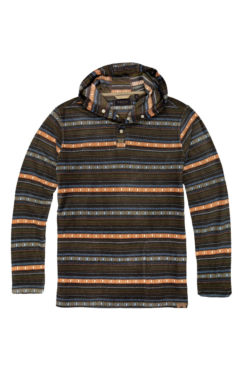 A long-sleeve hooded knit top with horizontal striped patterns in black, brown, orange, and beige, featuring a buttoned collar and hood.