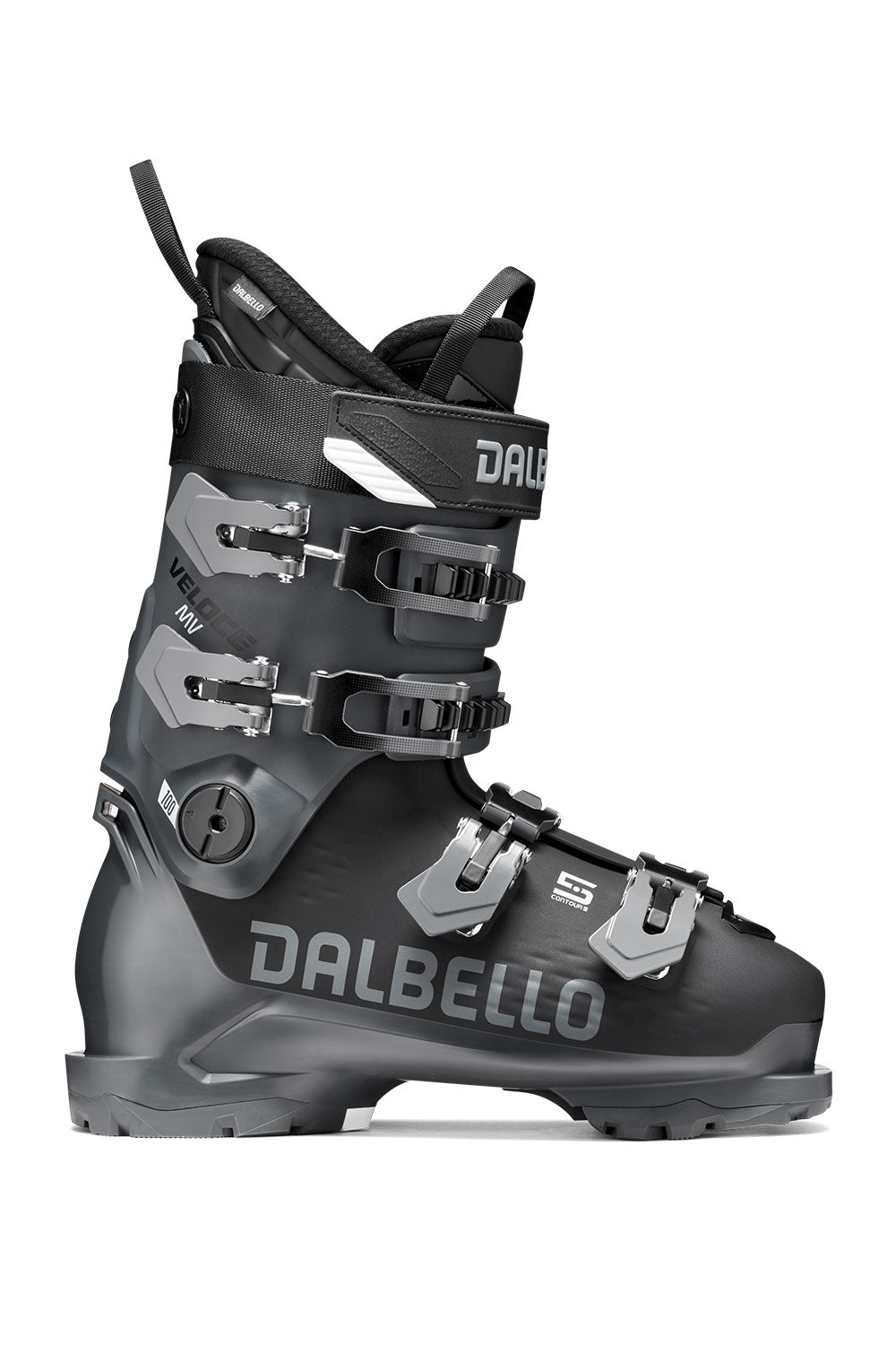 Black and gray Dalbello ski boot on a white background