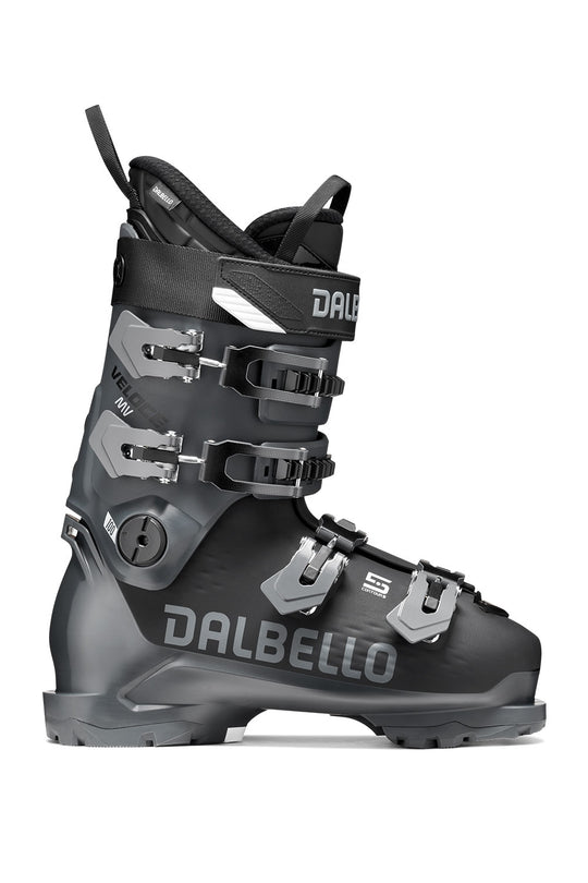 Black and gray Dalbello ski boot on a white background