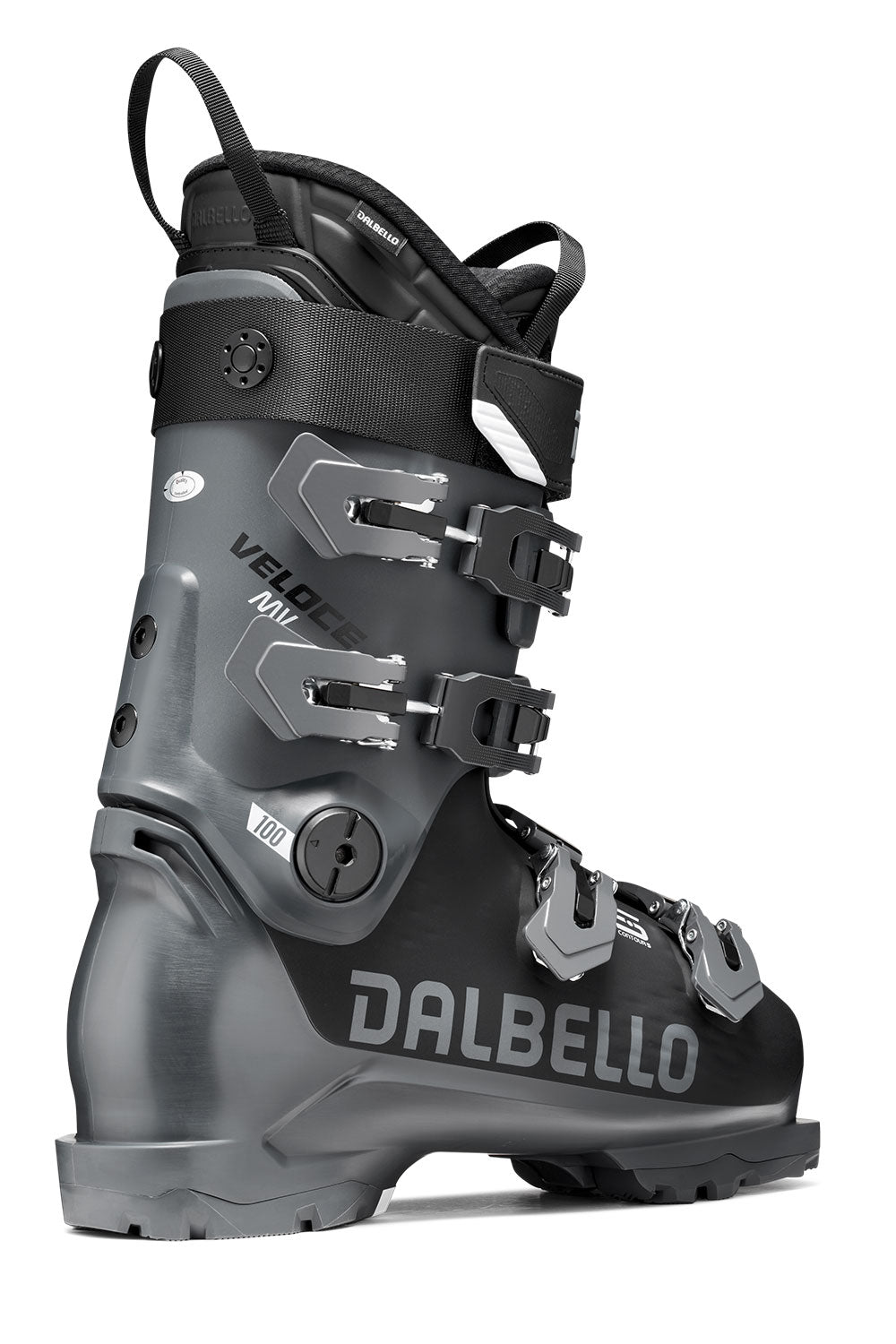 Gray and black Dalbello ski boot on a white background