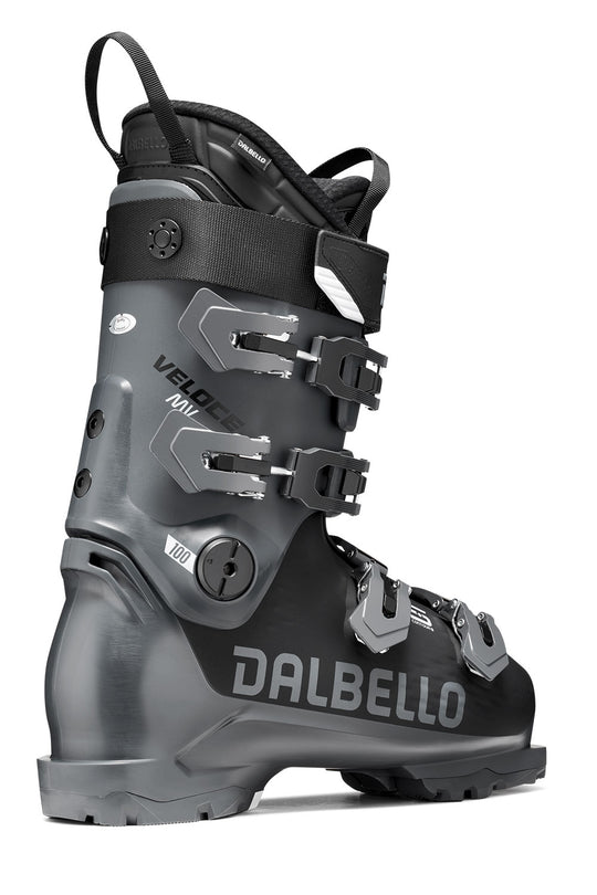 Gray and black Dalbello ski boot on a white background