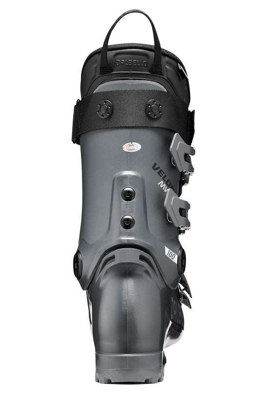 Gray ski boot with black straps on a white background