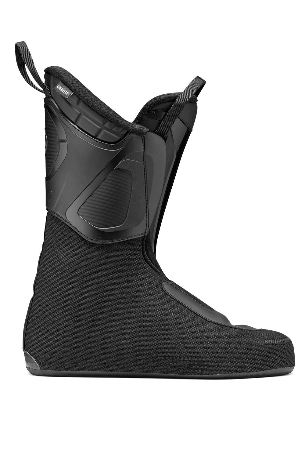 Black ski boot liner on a white background
