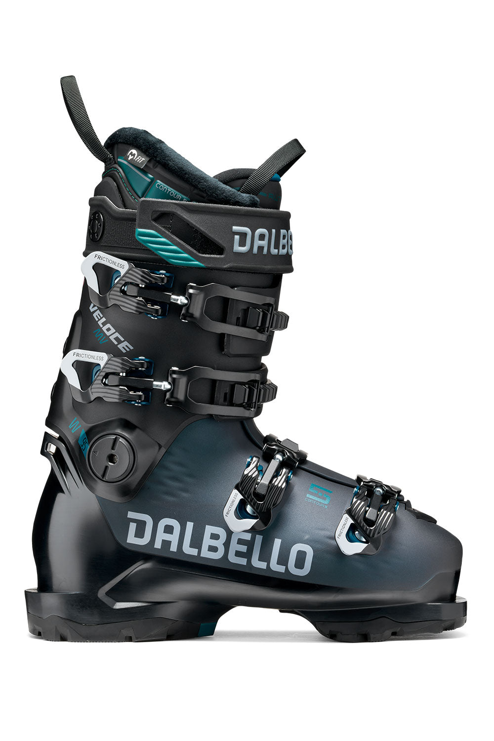 Black and gray Dalbello ski boot on a white background
