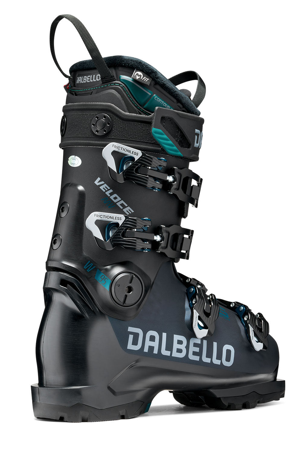 Black Dalbello ski boot on a white background