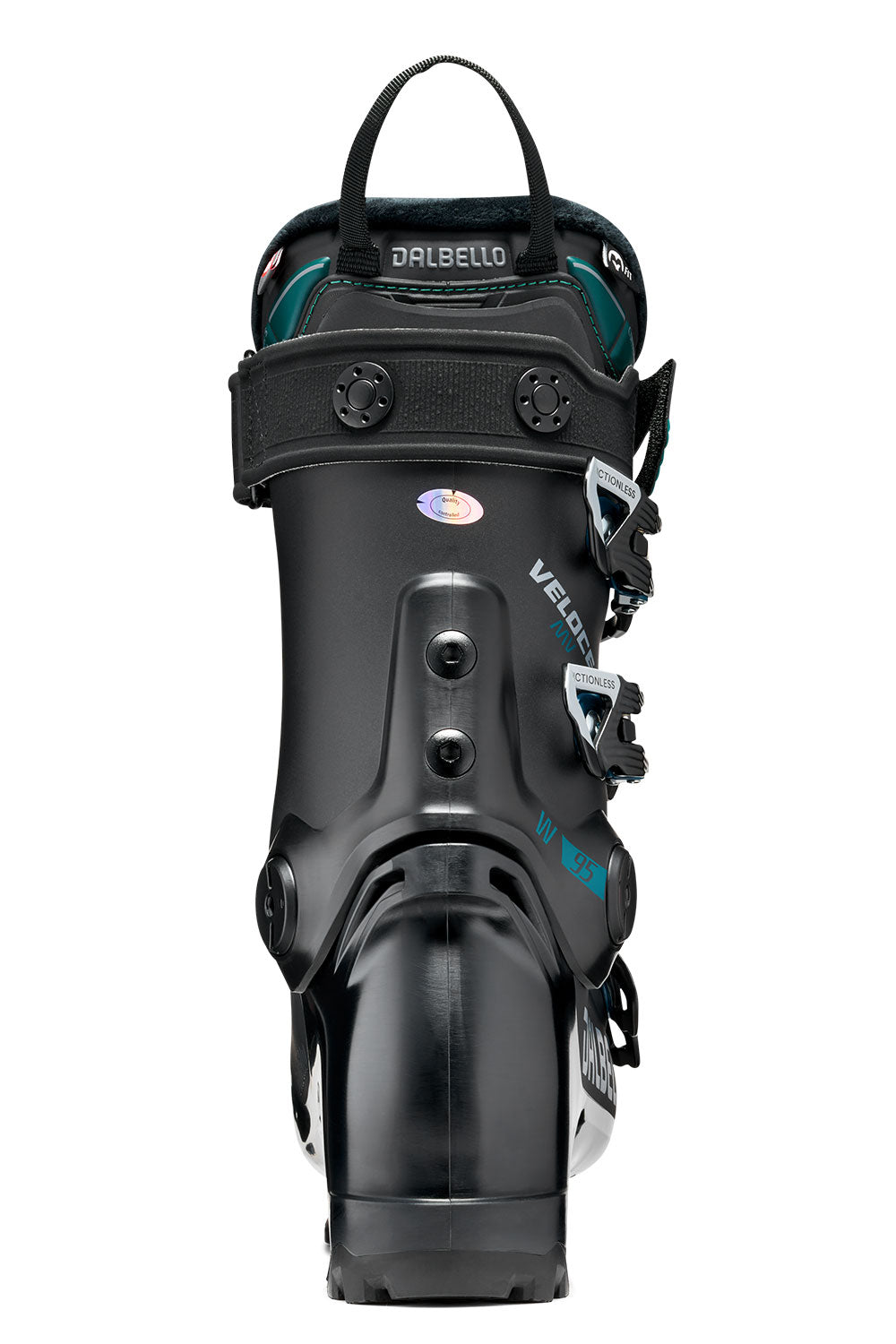 Black ski boot with visible branding on a white background