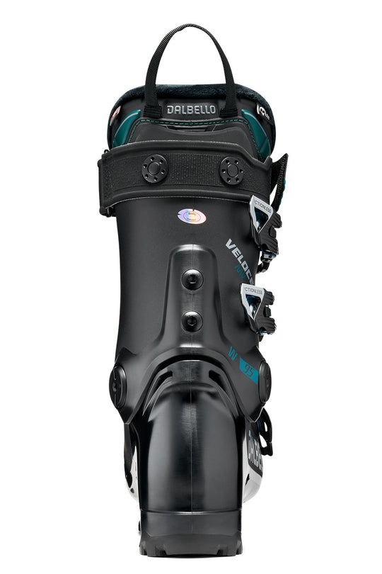 Black ski boot with visible branding on a white background