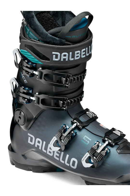 Gray and black Dalbello ski boot on a white background