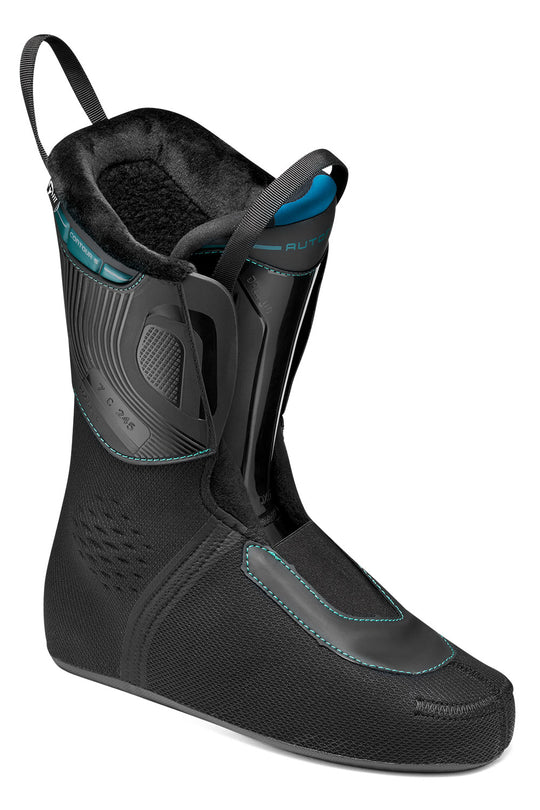 Black and gray ski boot liner with blue accents on a white background