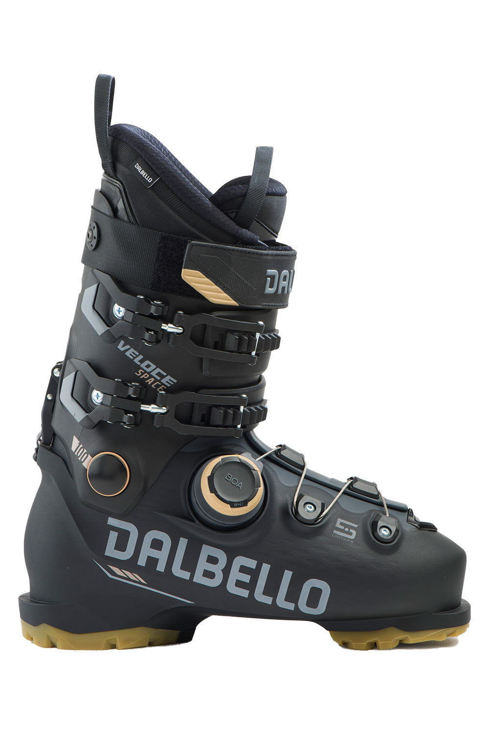 Black Dalbello ski boot on a white background