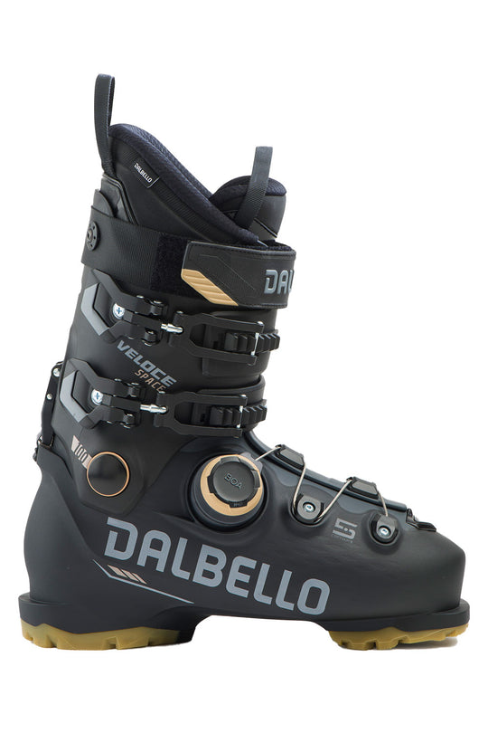 Black Dalbello ski boot on a white background