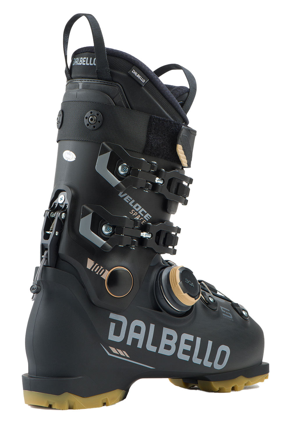 Black Dalbello ski boot with visible branding on a white background