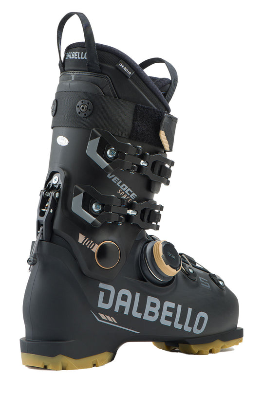 Black Dalbello ski boot with visible branding on a white background
