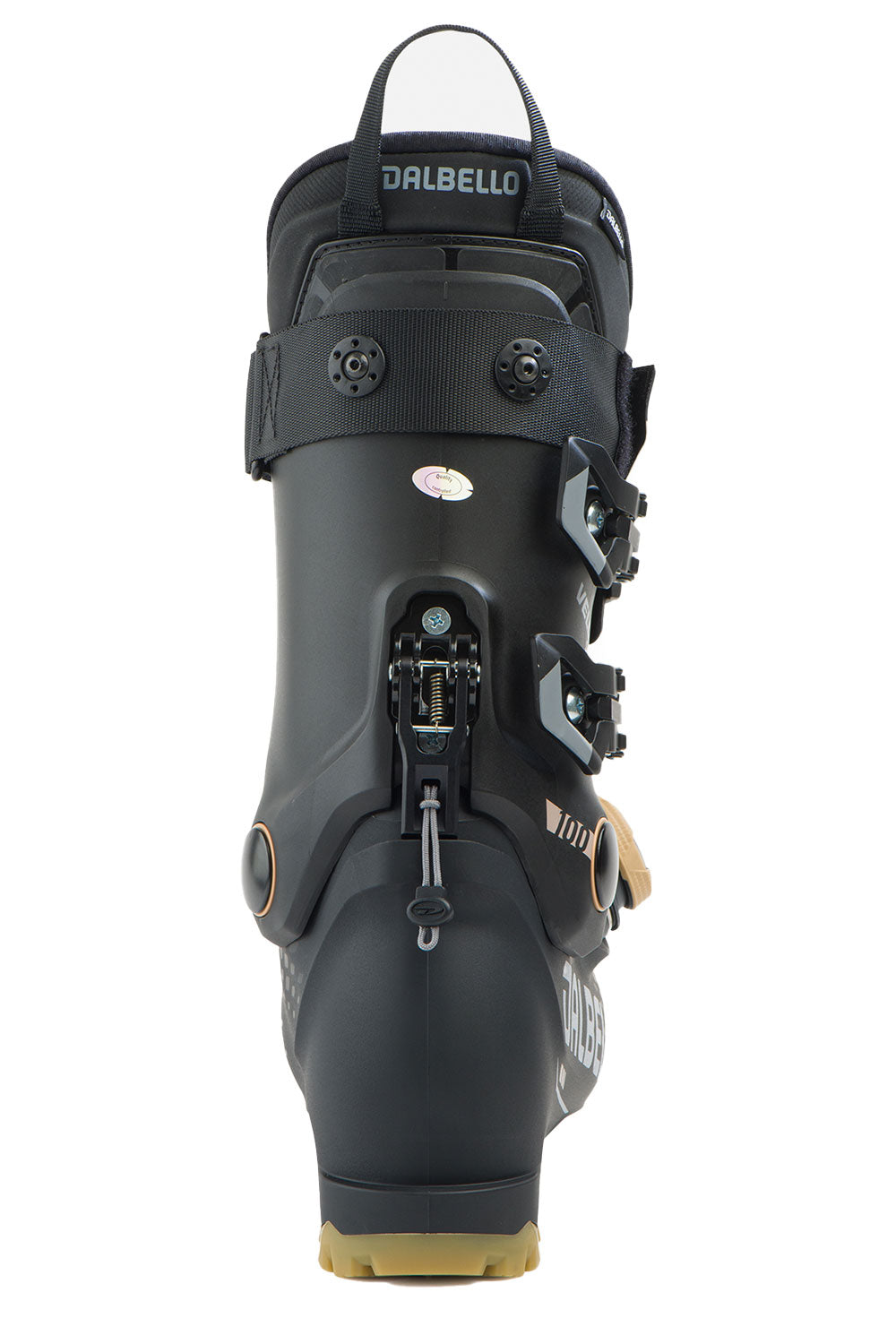 Black ski boot with visible branding on a white background