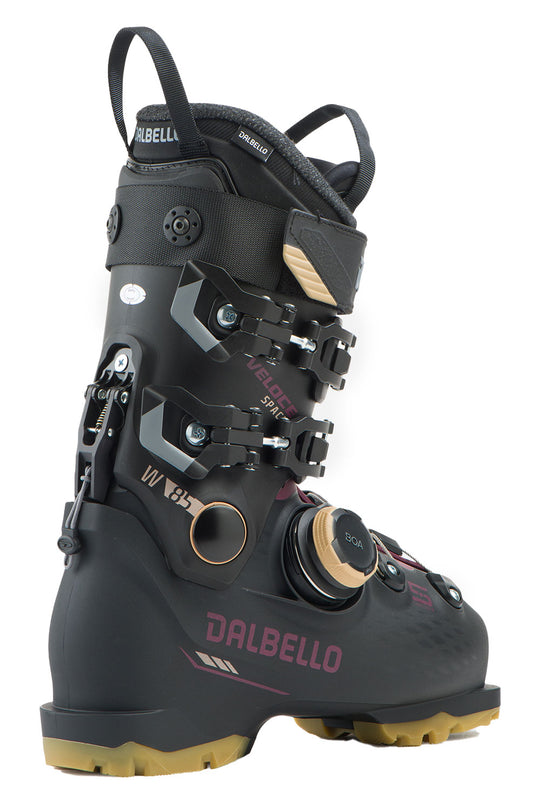 Black Dalbello ski boot with visible branding on a white background