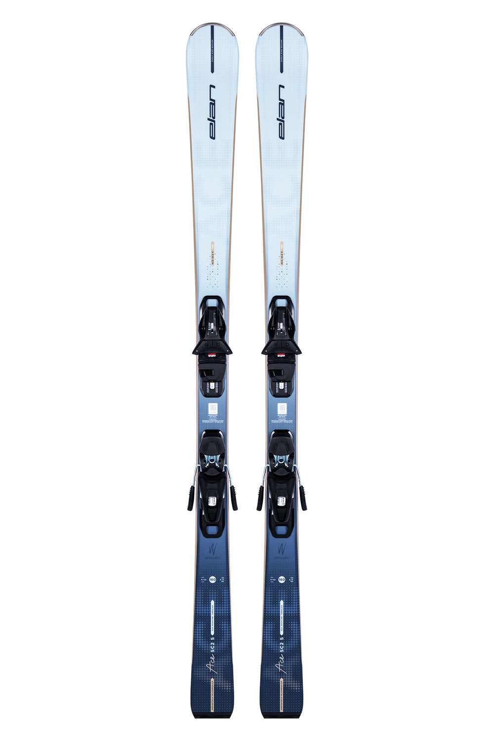 Pair of blue skis with bindings on a white background