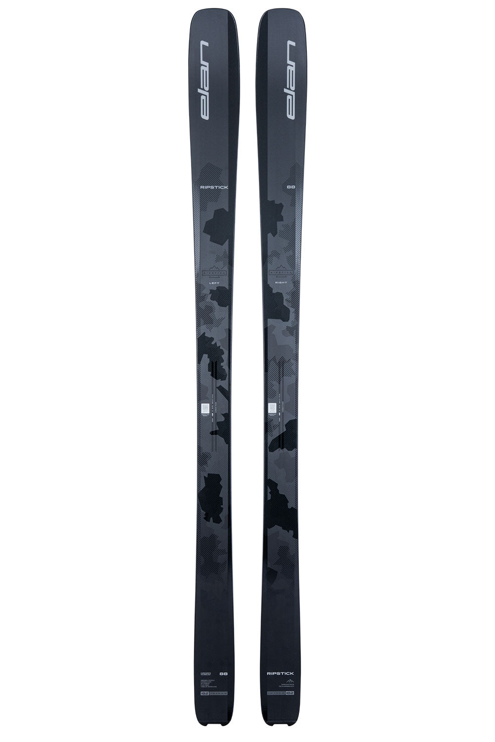 Two black skis with camouflage pattern on a white background