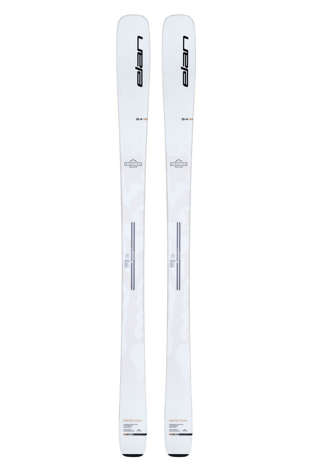 Two white skis with 'Elan' branding on a white background