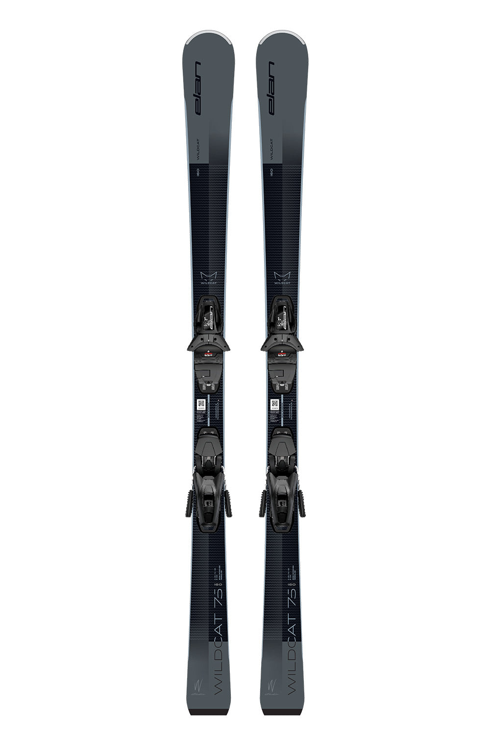 A pair of skis, shown vertically against a solid white background. The skis feature a dark gray and black design with the brand name 'Elan' visible near the top.