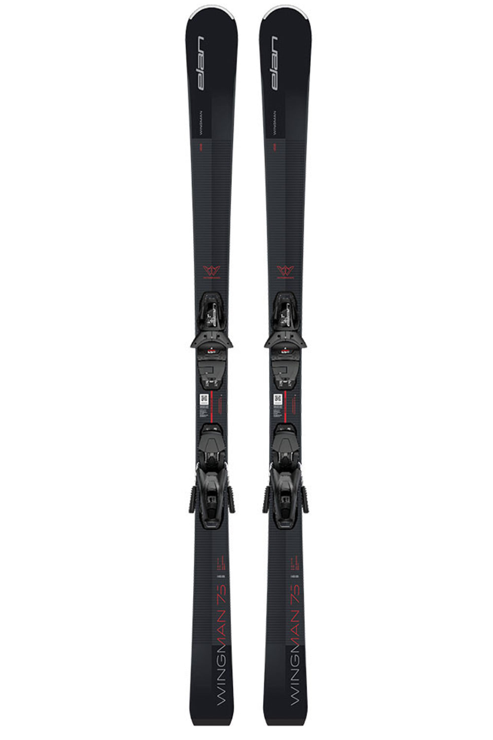 A pair of black alpine skis with bindings, shown vertically against a plain white background. The bindings are dark gray/black, and the skis feature red and white branding details.
