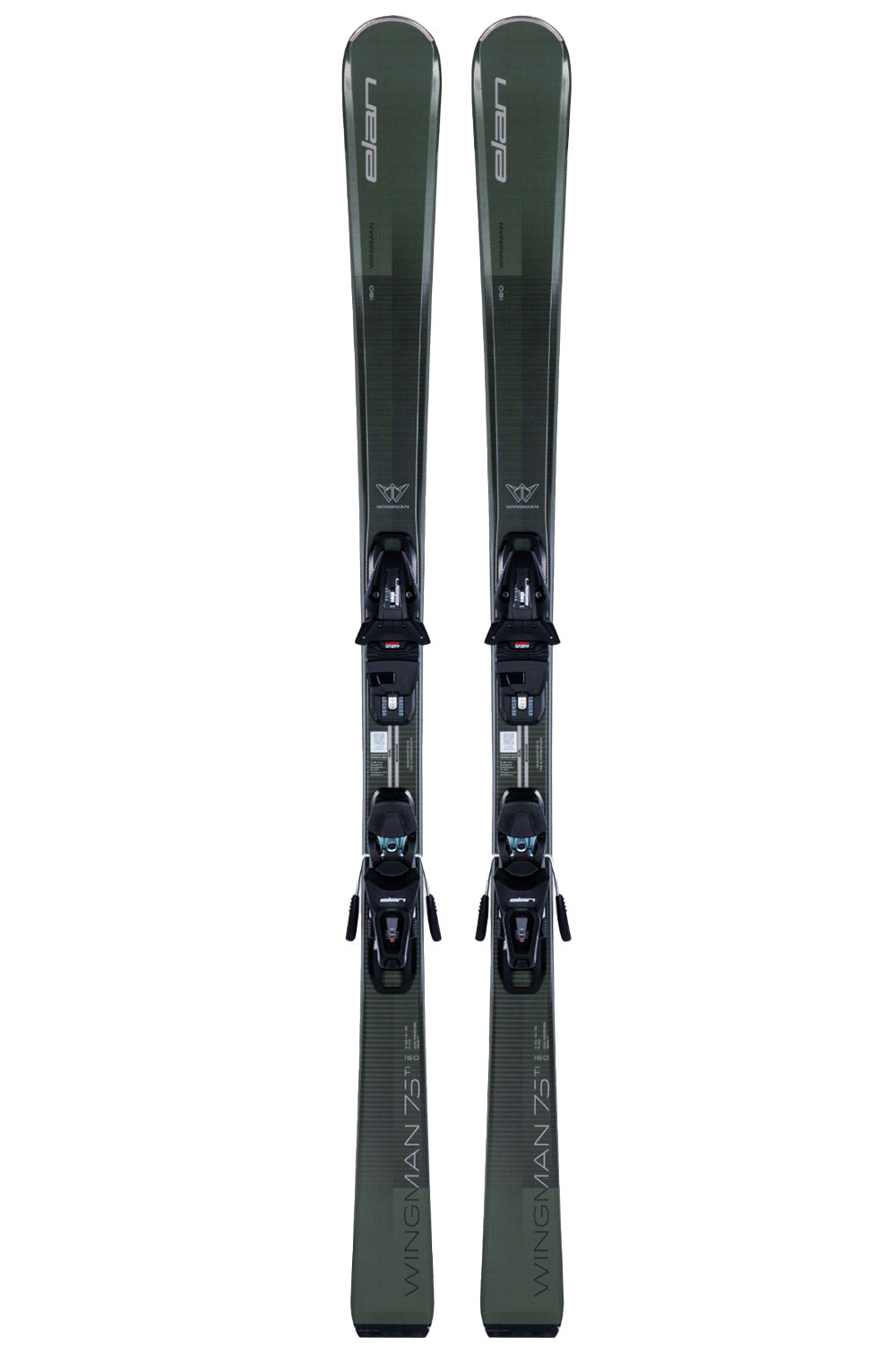 A pair of dark gray alpine skis with black bindings, shown vertically against a plain white background.