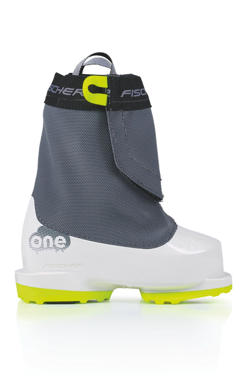 A Fischer Rother One snowboard boot shown from the side against a white background, featuring a dark gray mesh upper, a white toe box, and neon yellow accents on the strap and sole.