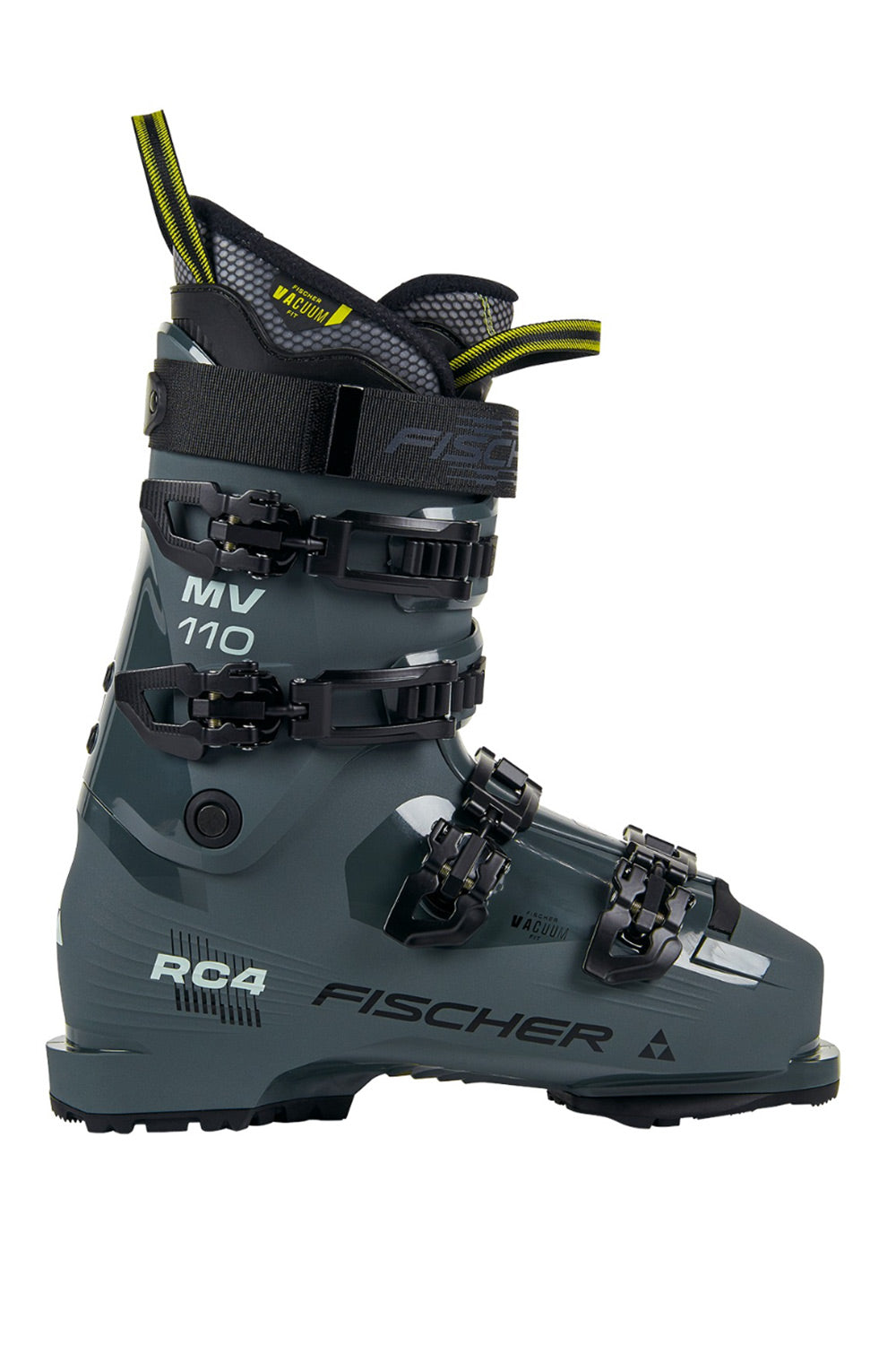 A Fischer RV4 MV 110 ski boot in dark gray and black, featuring bright yellow-green accents on the pull tabs and branding, shown against a plain white background.