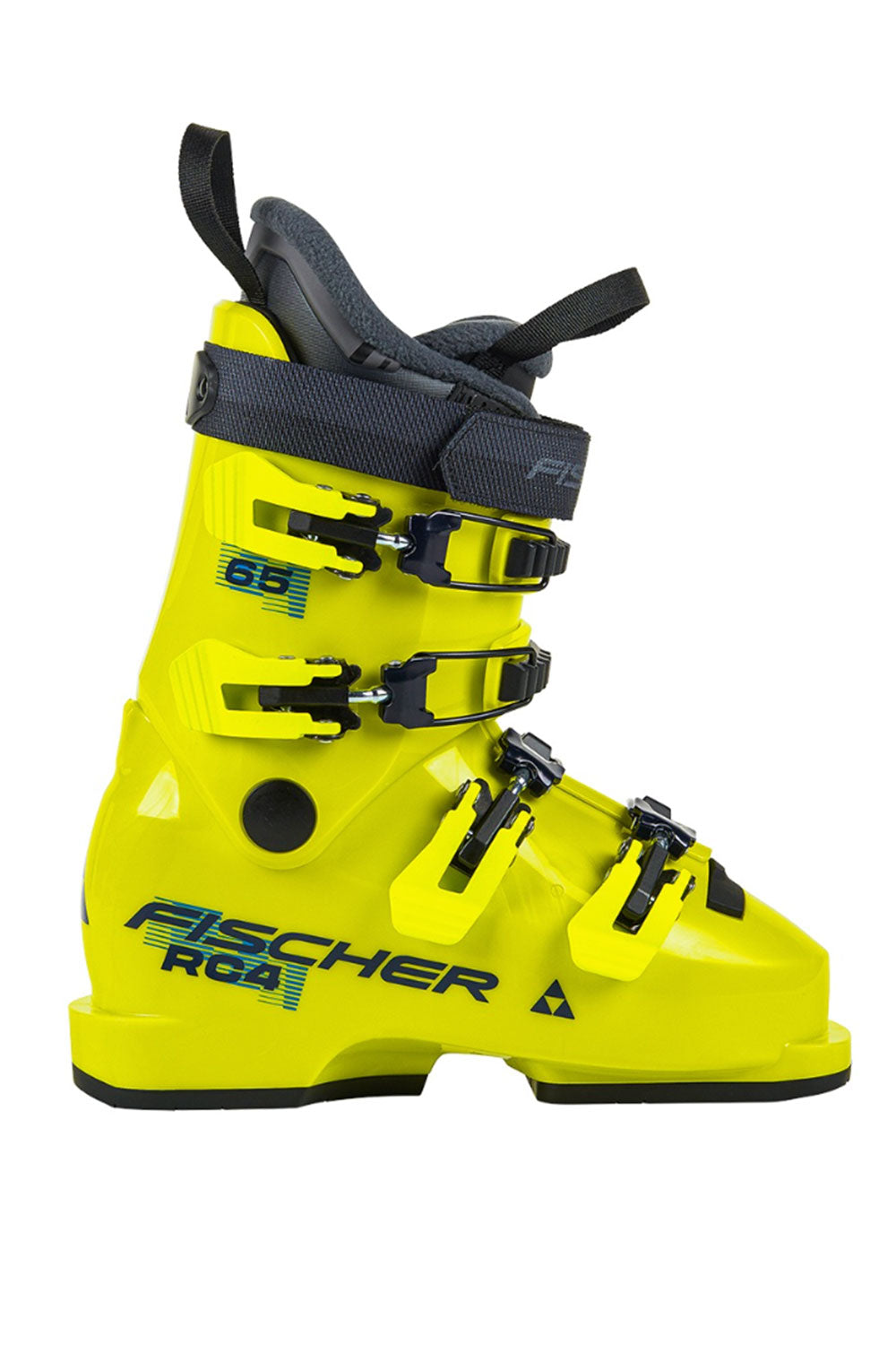 A bright yellow Fischer ski boot with black and gray straps, buckles, and branding, shown from a side profile on a white background.