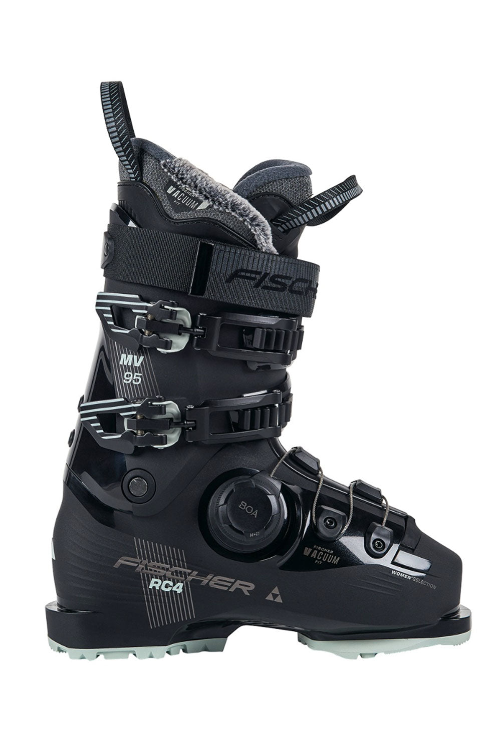 A single Fischer ski boot in black with gray and white accents, featuring a dial closure system and a soft gray lining, shown against a plain white background.