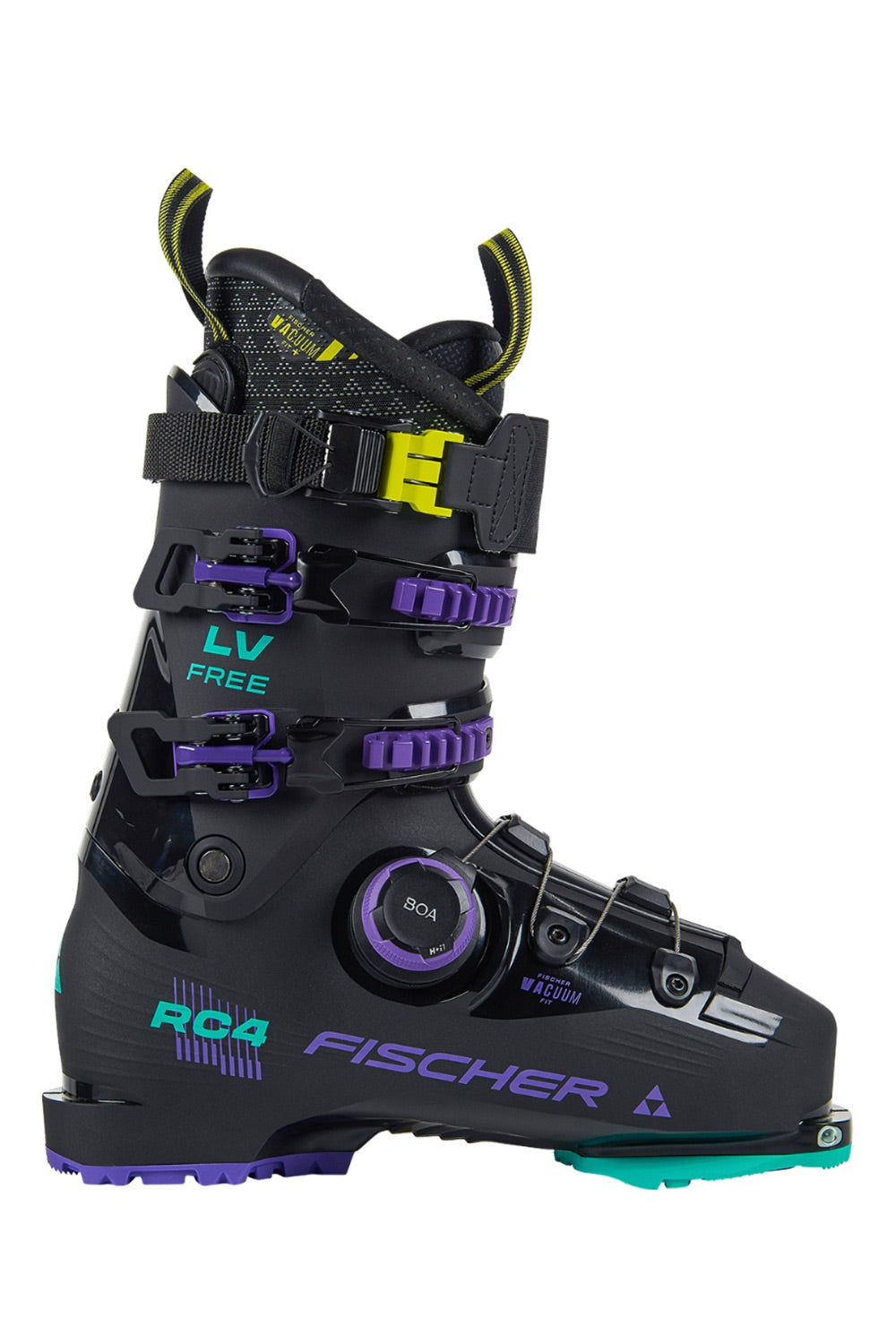 A Fischer LV Free ski boot in black with purple and teal accents, featuring a dial closure system and multiple buckles, shown against a plain white background.