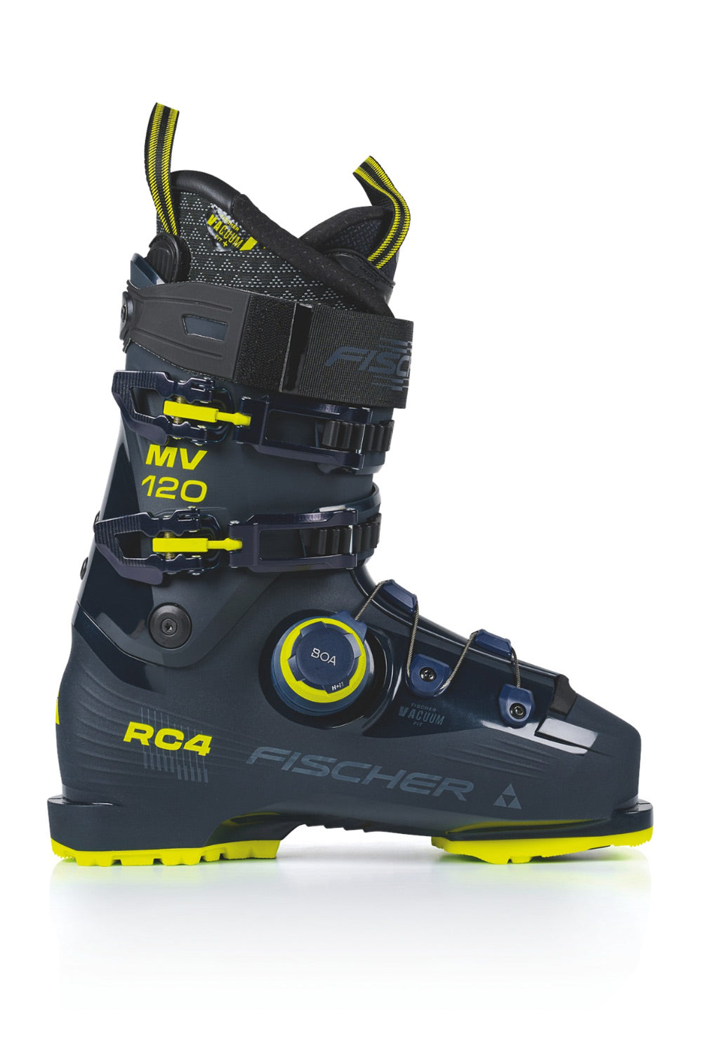 A Fischer RC4 MV 120 ski boot in dark gray and black with bright neon yellow accents, shown from a three-quarters angle on a white background.
