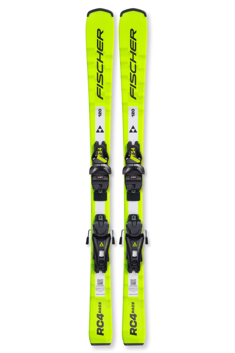 A pair of Fischer RC4 Race skis, featuring a bright neon yellow-green colorway with black and white details, shown vertically against a plain white background.
