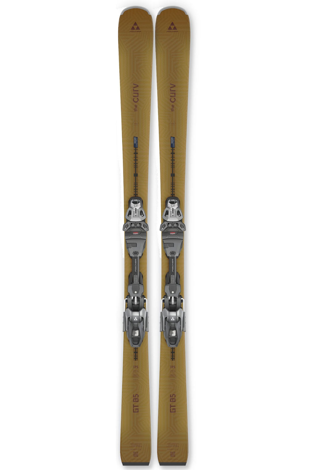 A pair of ski bindings mounted on tan skis, photographed vertically against a plain white background.