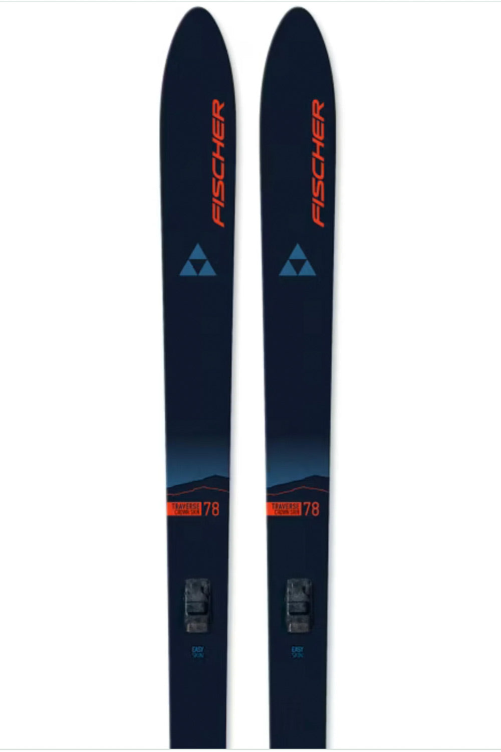 A pair of Fischer ski tips shown vertically against a plain white background, featuring a dark navy blue base with orange and light blue graphics and branding.