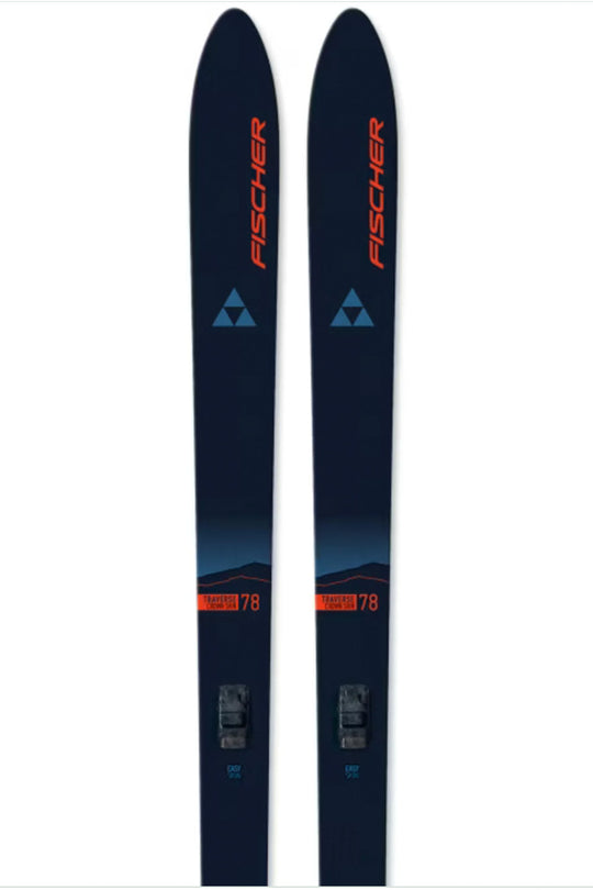 A pair of Fischer ski tips shown vertically against a plain white background, featuring a dark navy blue base with orange and light blue graphics and branding.