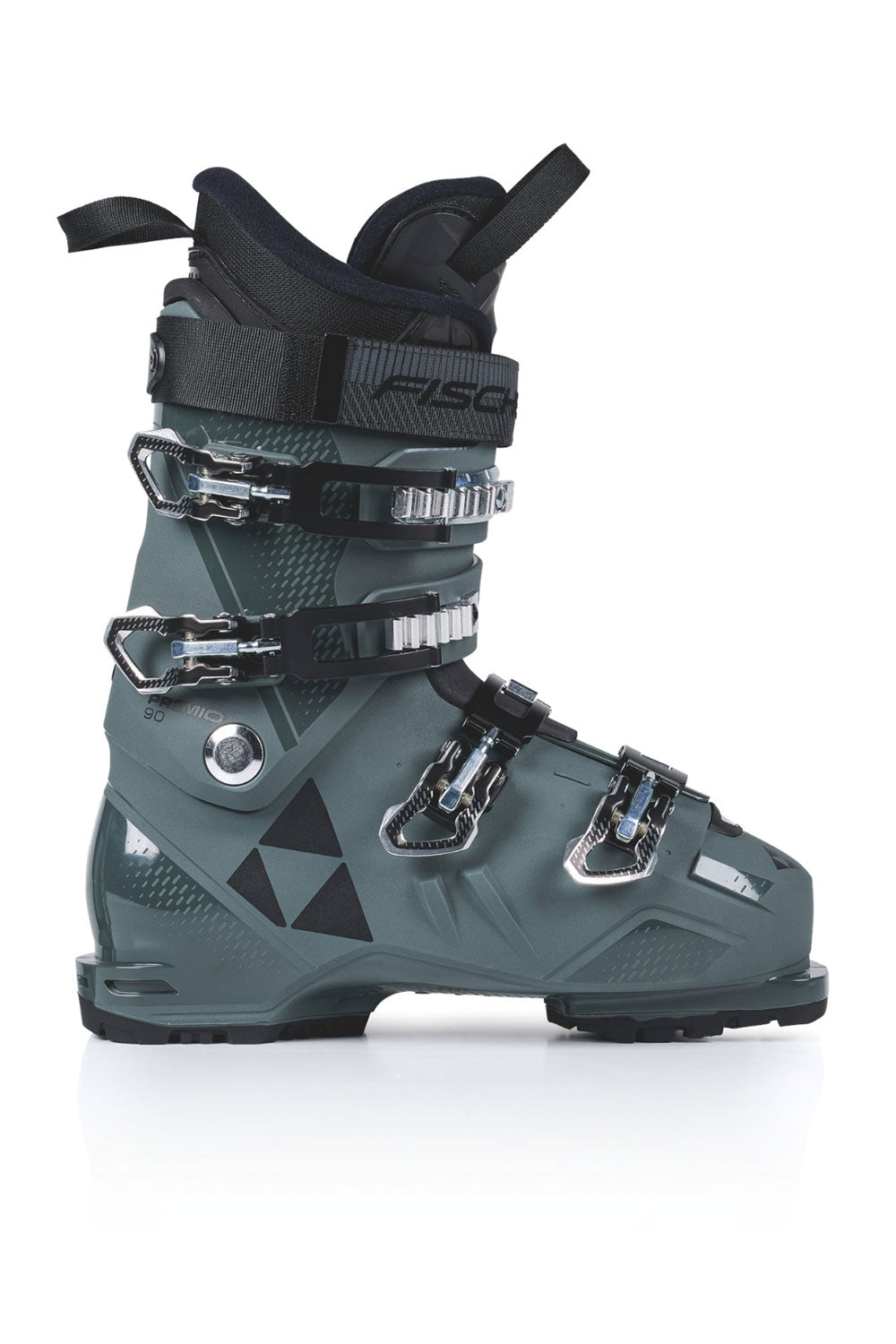 A Fischer ski boot in a dark slate gray color with black straps and silver buckles, shown from a side profile on a white background.