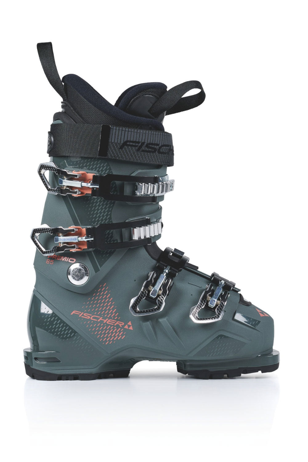 A single FISCHER ski boot in a dark slate gray colorway, featuring black straps, silver buckles, and subtle orange-red accents on the side and tongue, set against a plain white background.