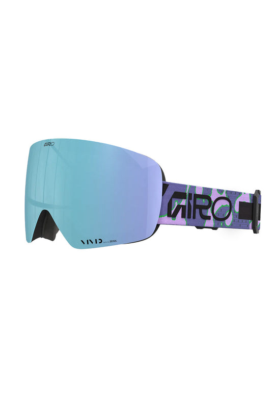 Giro ski goggles with a blue-to-purple mirrored lens and a purple camouflage patterned strap featuring the Giro logo.