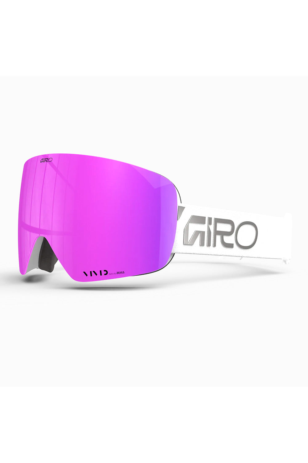Giro ski goggles with a vibrant magenta-pink mirrored lens and a white strap featuring the Giro logo.