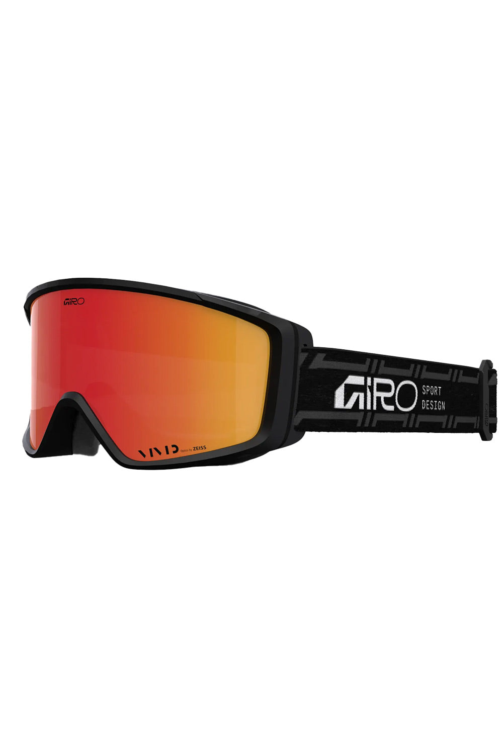 A pair of Giro ski goggles with a black frame and strap, featuring a vibrant red-to-orange mirrored lens. The Giro brand logo is clearly visible on the side of the strap.