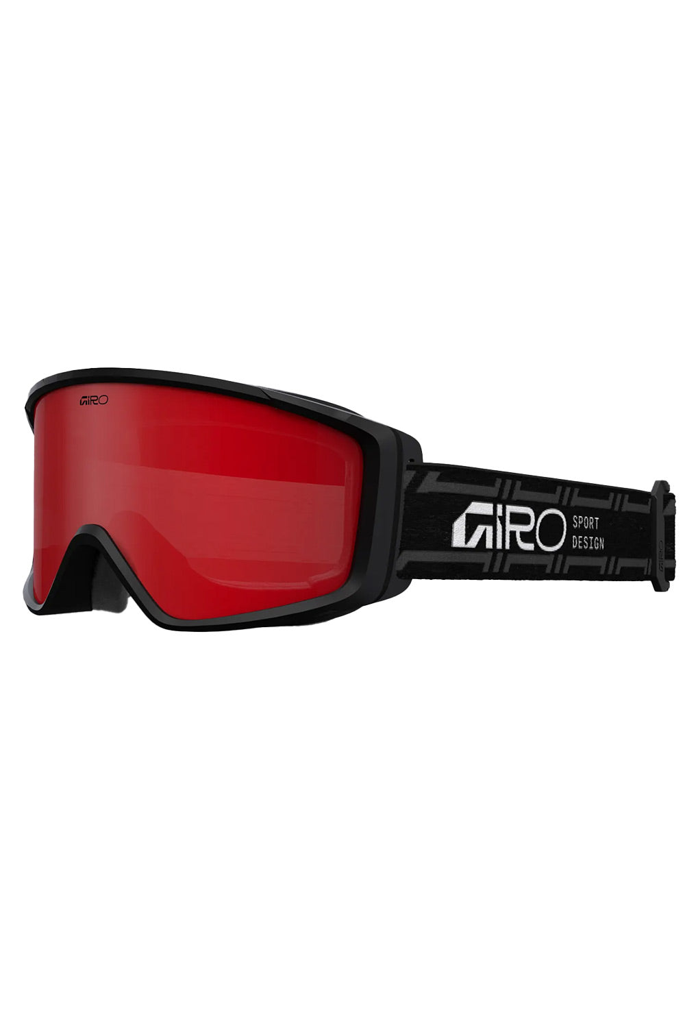 A pair of Giro ski goggles with a red mirrored lens and a black frame, featuring the Giro brand logo on the strap.