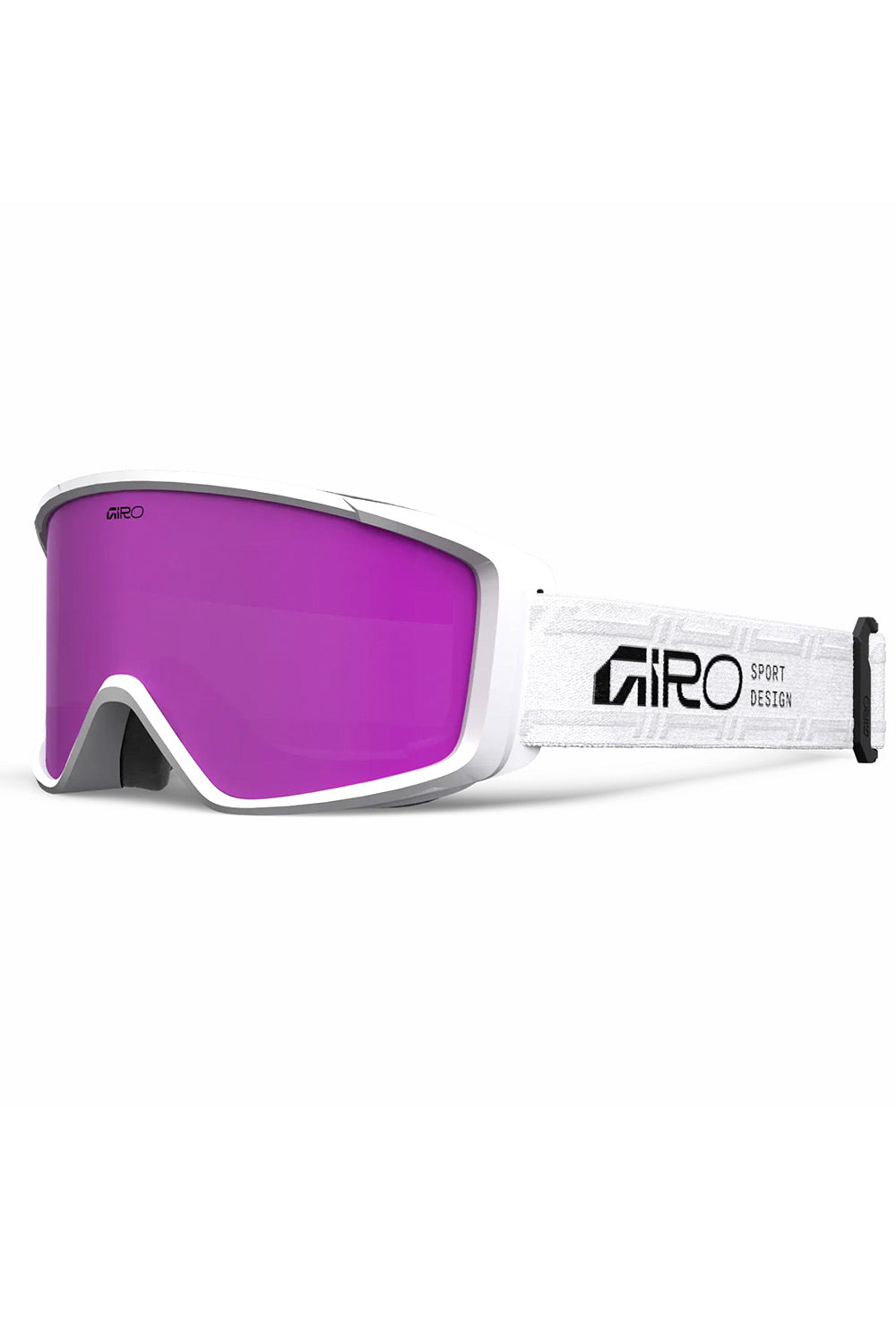 Giro ski goggles with a white frame, a vibrant purple mirrored lens, and a white strap featuring the Giro logo.