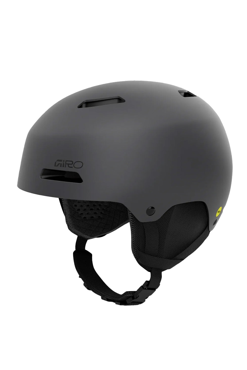 A matte gray Giro ski helmet with a black chin strap, shown from a three-quarters angle on a solid white background.