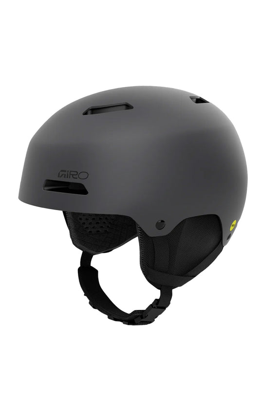 A matte gray Giro ski helmet with a black chin strap, shown from a three-quarters angle on a solid white background.