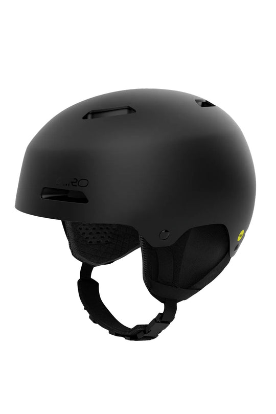 A matte black ski helmet with a chin strap, shown from a three-quarters angle against a solid white background.