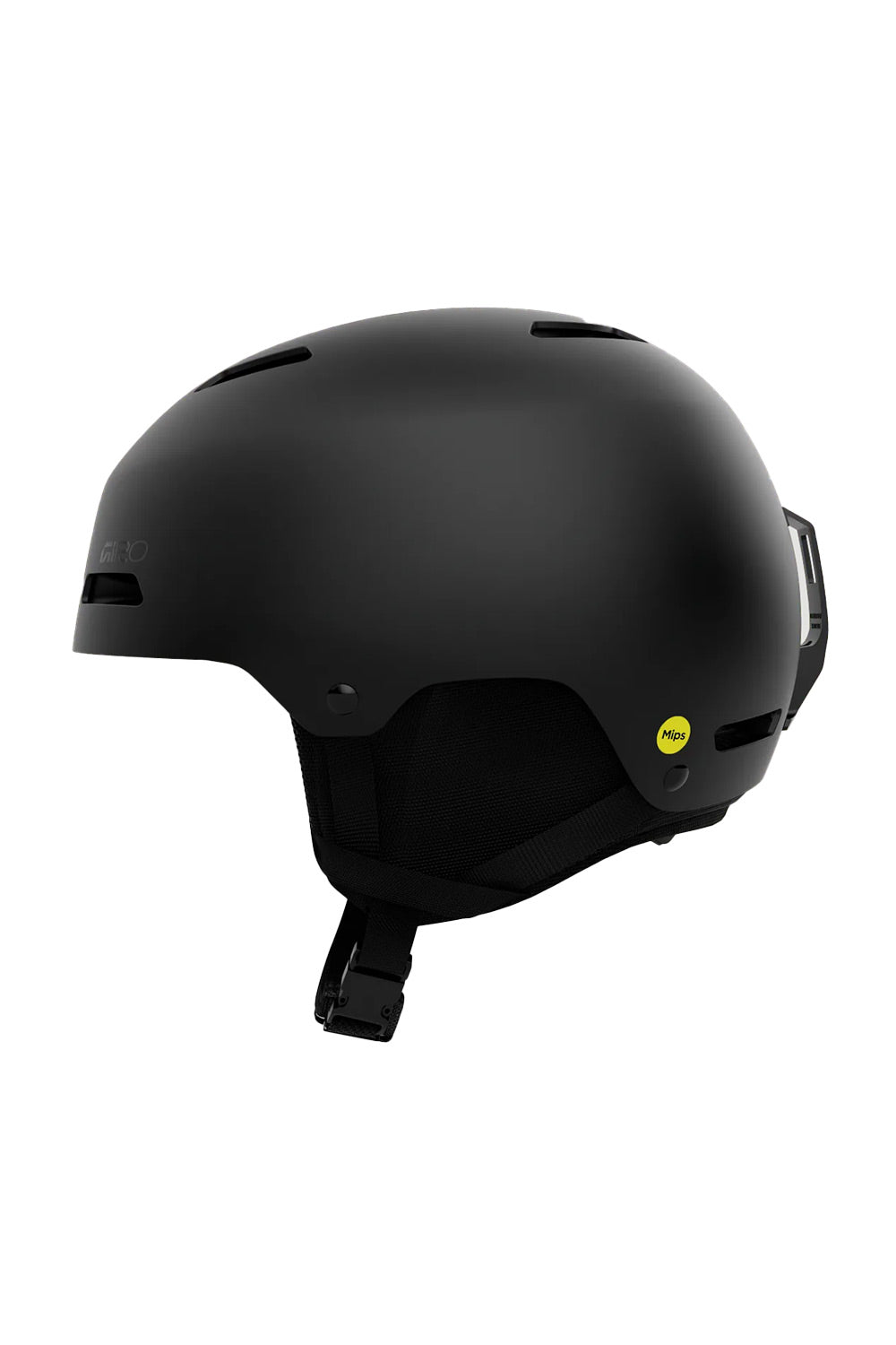 A matte black ski helmet with a small yellow sticker on the side, shown from a three-quarters angle against a plain white background.